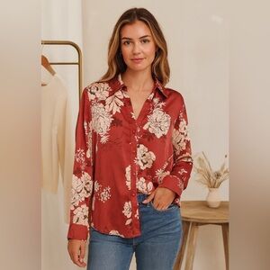 New Anthro Maison D’Amelie Red Blossom Satin Effect Button Long Sleeve Blouse L